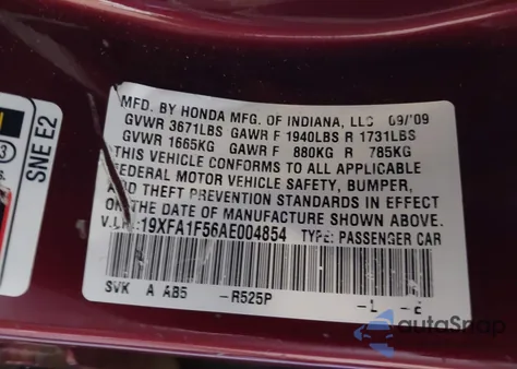 2010 Honda Civic Lx из США, поврежденный, VIN 19XFA1F56AE004854